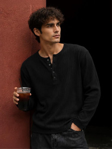 NOOK Self Design Men Henley Neck Black T-Shirt - Image 1