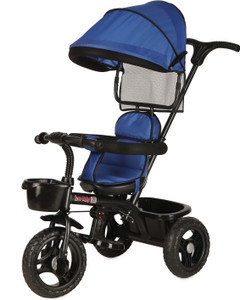 Babyhug Cruise Plug & Play Trike with Mild Steel Frame & Parental Handle Front & Rear Storage Basket with 3 Rubber Wheels with Foldable Foot Rest & Bell - Aqua Blue