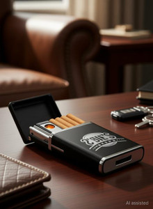 cigarette case with lighter india Vintage Built Into Cigarette Art Deco Silver Chrome Metal 1920's Refillable  Small size. Big attention.