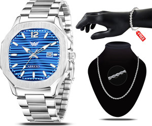 ABREXO Abx7000- Silver + C2 Silver Chain & Bracelet Blue Dial Date