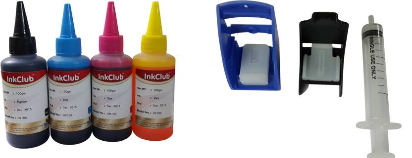 Inkclub 100ml*4 compatible for HP Cartridges + Suction tool for 803 680 678 818 802 901 852 854 855 861 703 704 Multi Color Ink Cartridge Magenta, Cya
