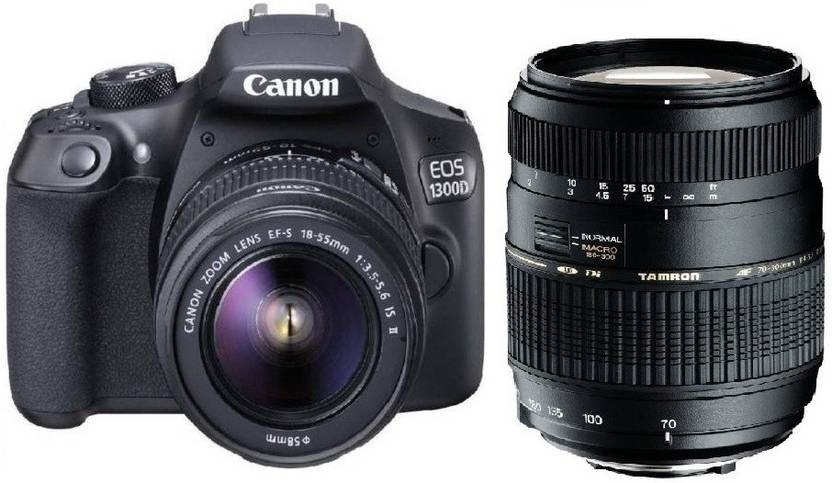 Canon 1300D DSLR Camera Body with Dual Lens: Canon EF S 18 55 IS II + Tamron AF 70 300 mm F/4 5.6 Di LD Macro Lens 16 GB SD Card + Camera Bag Black