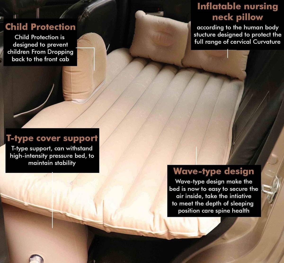 LAVITRA Inflatable Travel Car Bed Air Sofa with Two Inflatable Pillow pump storage bag Car sleeping beds for kids and adults Car Inflatable Bed — photo 4