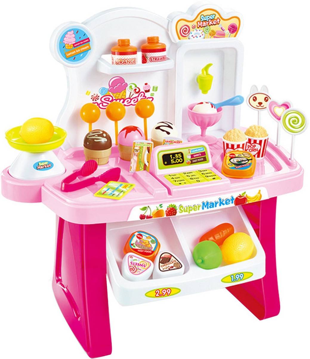 Children Mini Supermarket Playset Pretend Shopping Market Play Stand Groceries Toy with Light and Sound Effects Early Education Intelligence Develop for kids Girl Gifts