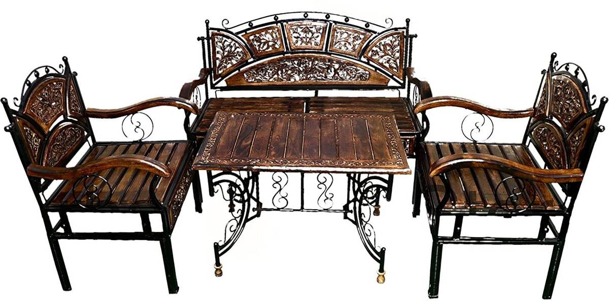 Smarts collection Royal look Wood & Wrought Iron Patio set Leatherette 2 + 1 + 1 Sofa Set