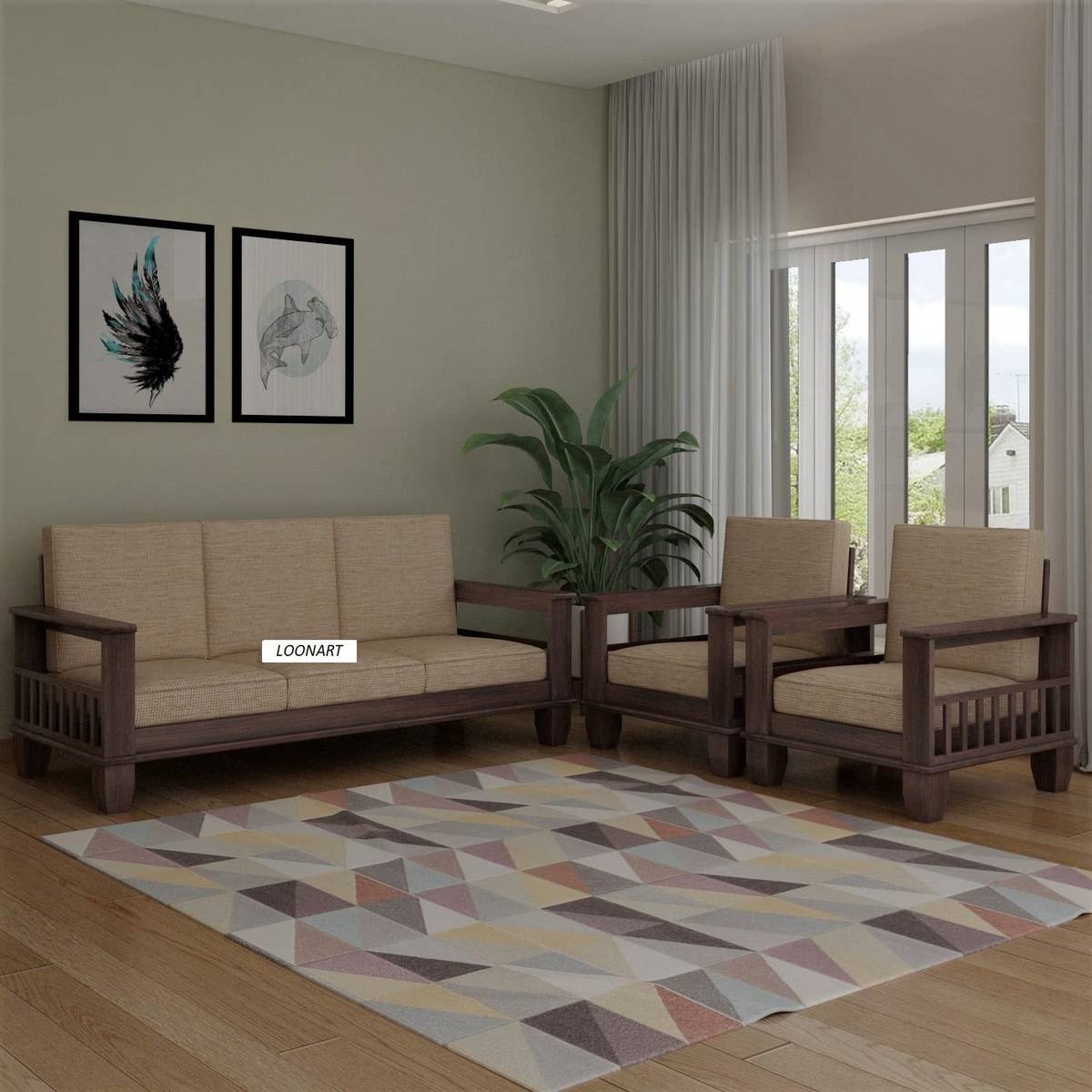 LOONART Solid Wood Sofa Set| Wooden 5 Seater Sofa Set| Sheesham Wood Sofa Set| Sofa Set| Fabric 3 + 1 + 1 Sofa Set