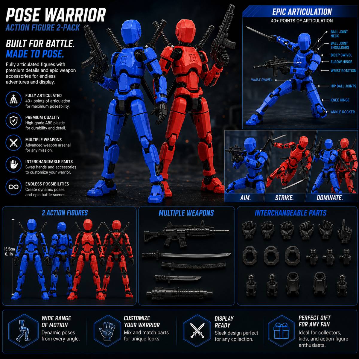 Version 2 Red Blue Poseable Action Figure Set with Toy Accessory Pack — photo 3