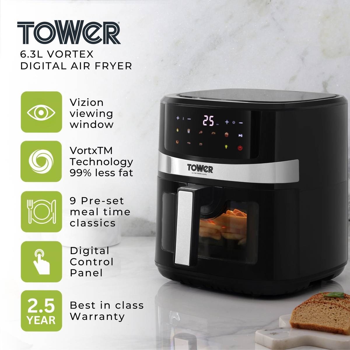 Vortx Digital Vision 6.3L | 1600W | 9 Preset Menus | Bake, Grill & Roast | Digital Touch Display | Rapid Air Circulation Technology | Glass Window with built-in Light | Adjustable Temperature & Timer | Up to 80% Less Oil Usage | Air Fryer — photo 2