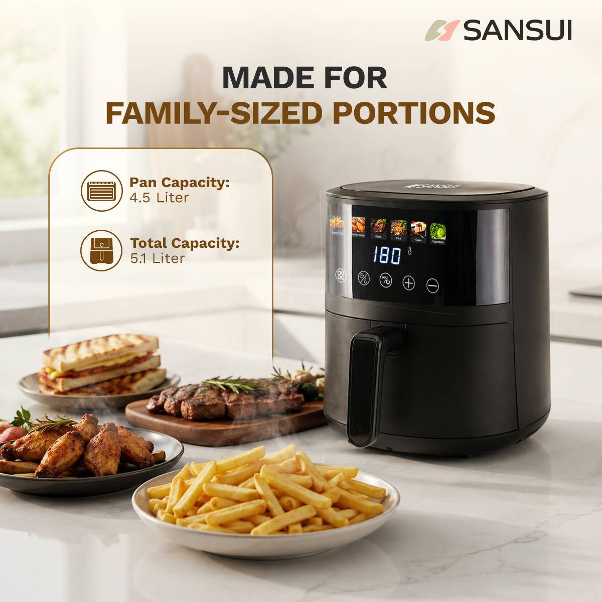 Sansui Kurkura Magic 5L With 85% Less Oil Consumption, Digital Touchscreen with Color Display, Non-Stick Basket Air Fryer — photo 4