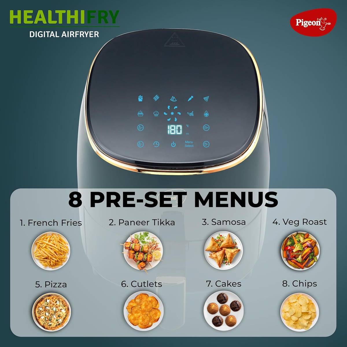 Pigeon Healthifry Digital with 360 High Speed Air Circulation Technology 1200 W with Non-Stick Basket - Green Air Fryer — photo 4