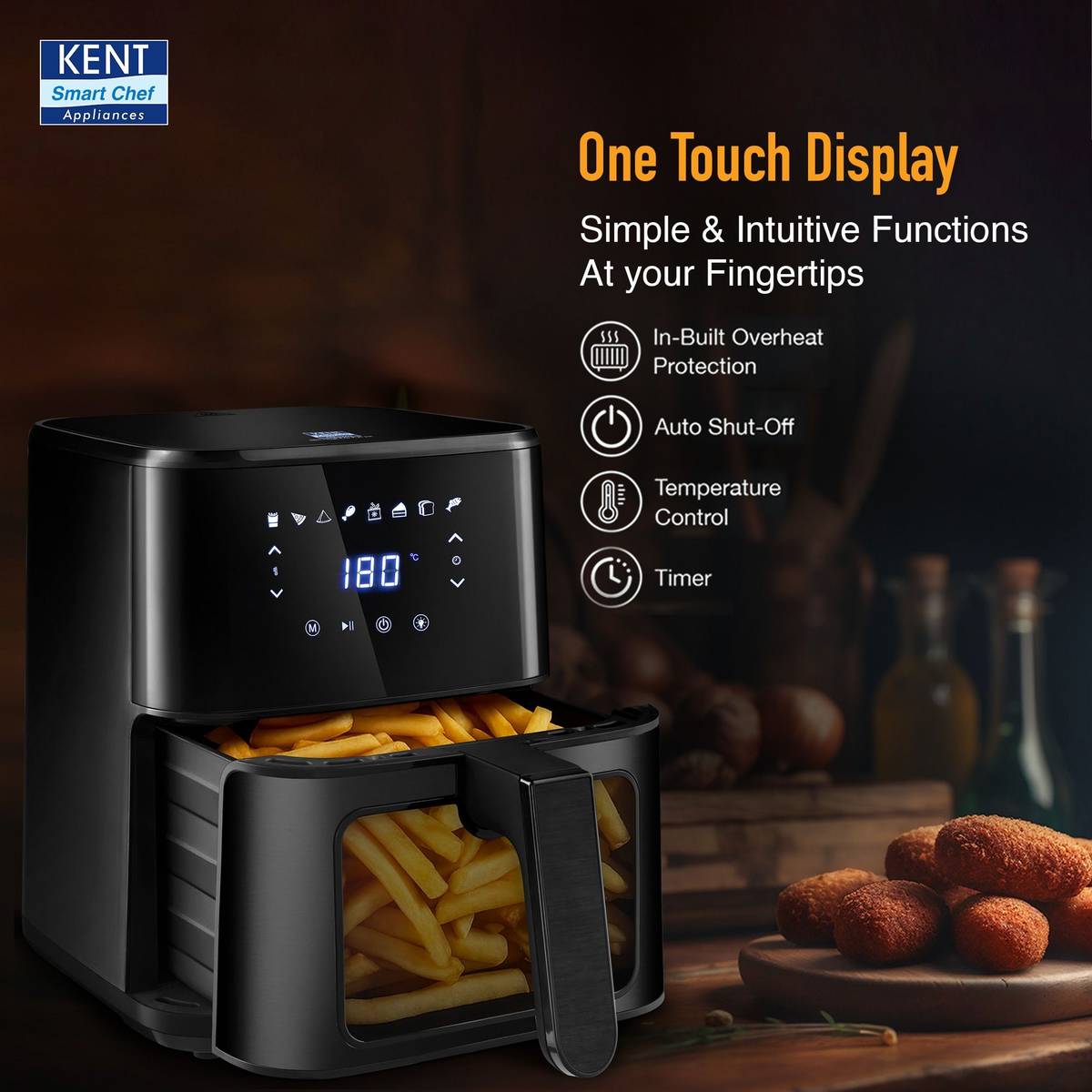 KENT Ultra Digital Air Fryer 4.5L Bake, Grill & Roast Up to 80% Less Oil Usage 8 Preset MenuRapid Heat Circulation Digital Display & Touch Control Panel Glass Window with in built Light Air Fryer — photo 3