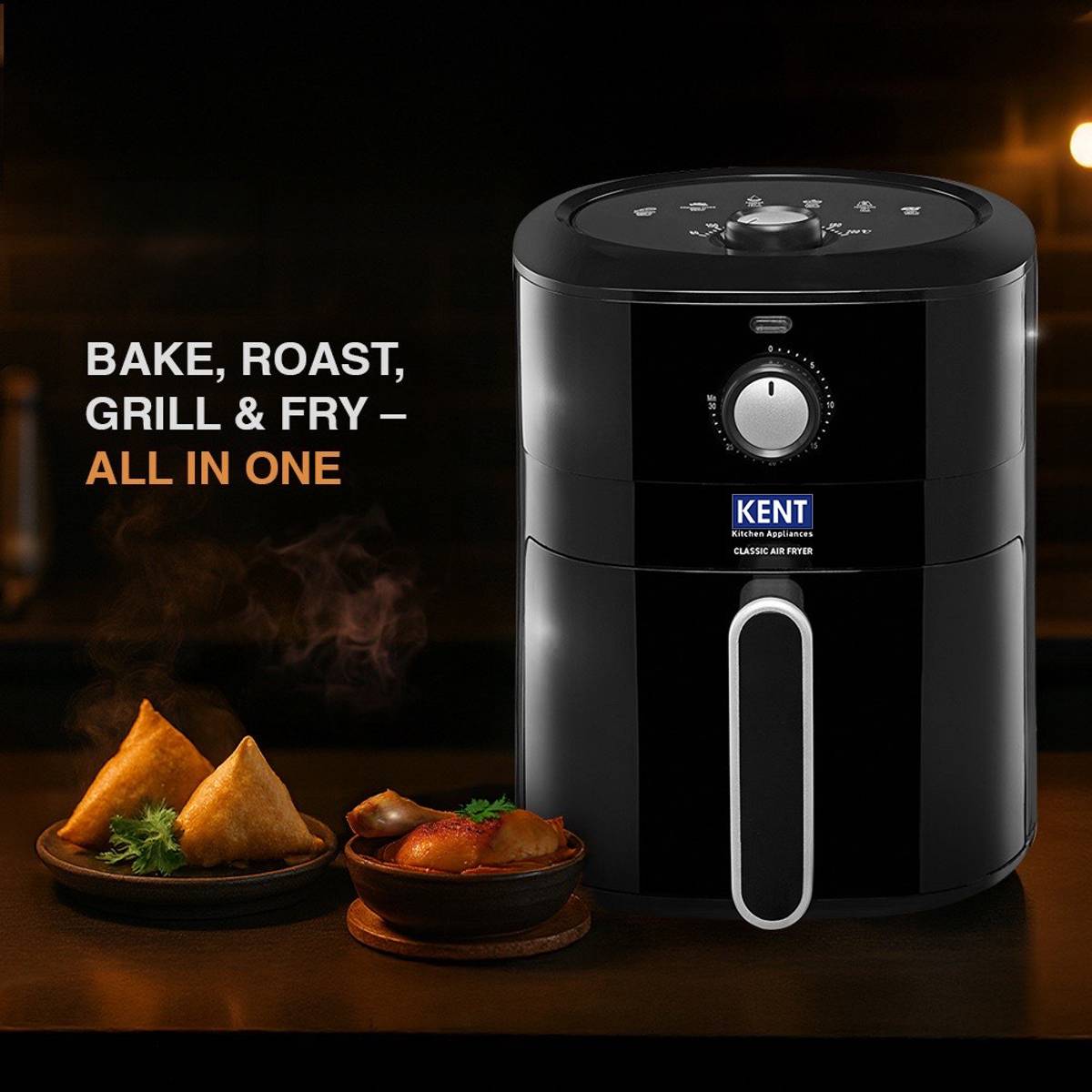 KENT Classic Hot Air Fryer 4L 1300 W | 80% Less Oil | Instant Electric Air Fryer | Auto Cut Off | Fry, Grill, Roast, Steam, and Bake | 1 Year Warranty | Black — photo 2