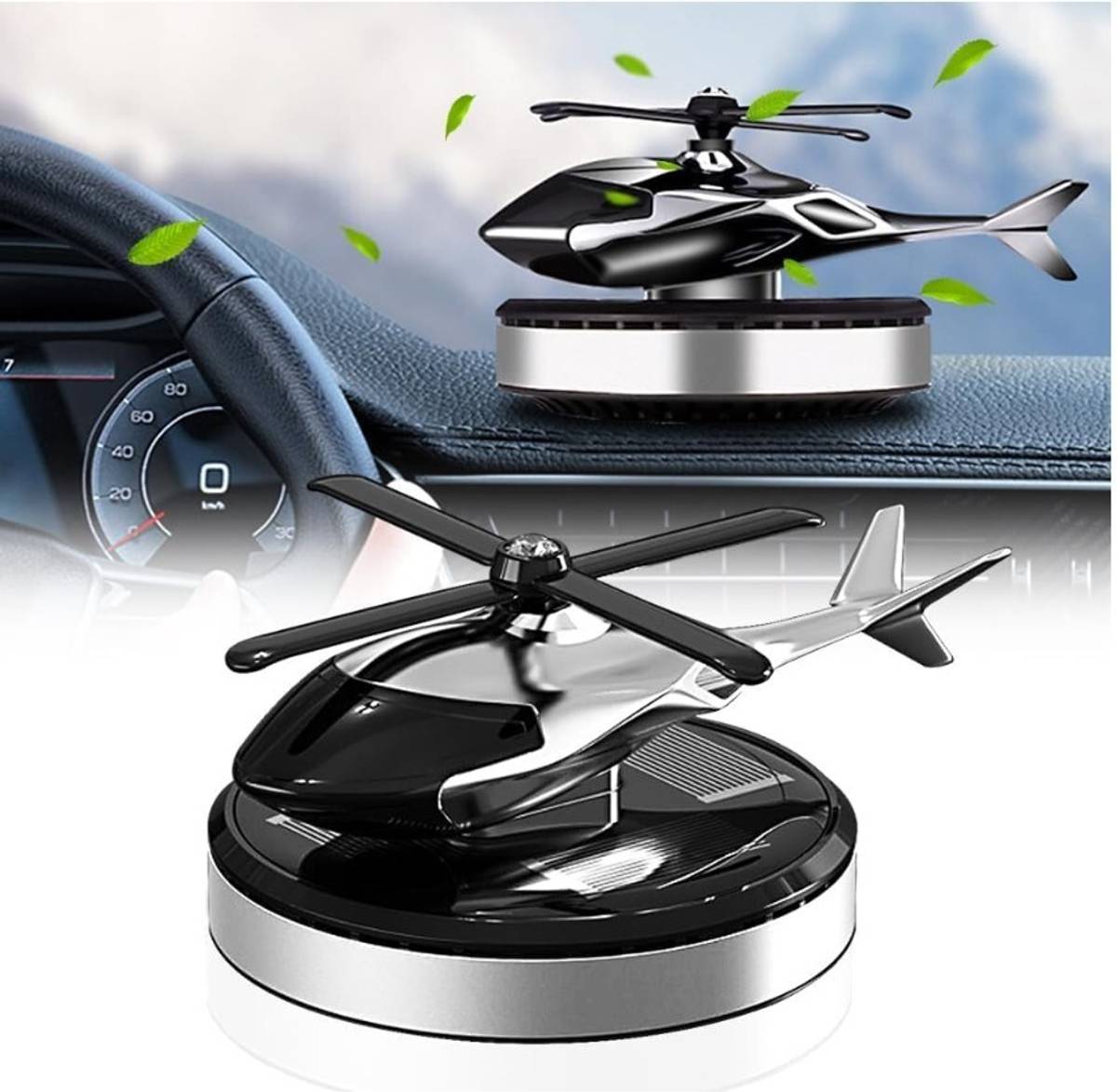 SGG Solar Helicopter Car Perfume Diffuser with Wooden Insert and Aluminum Base Portable Car Air Purifier