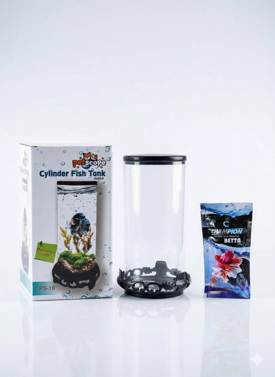 Petscope Cylinder Fish Tank with Betta Food Combo(PS-10, Black Color) Cylinder Aquarium Tank