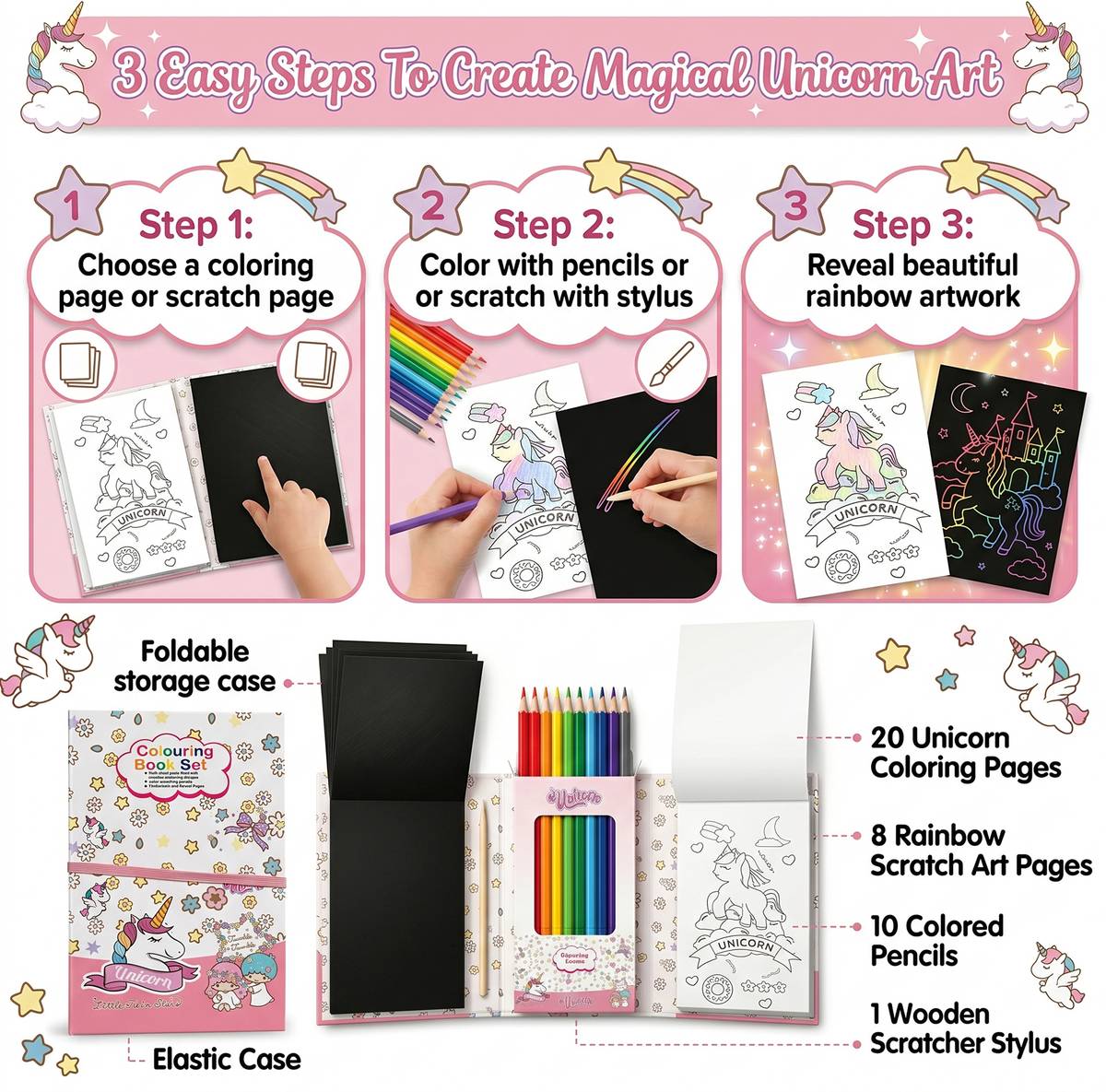 Rainbow Pony Scratch Art & Colouring Book Set for Girls & Boys — photo 3