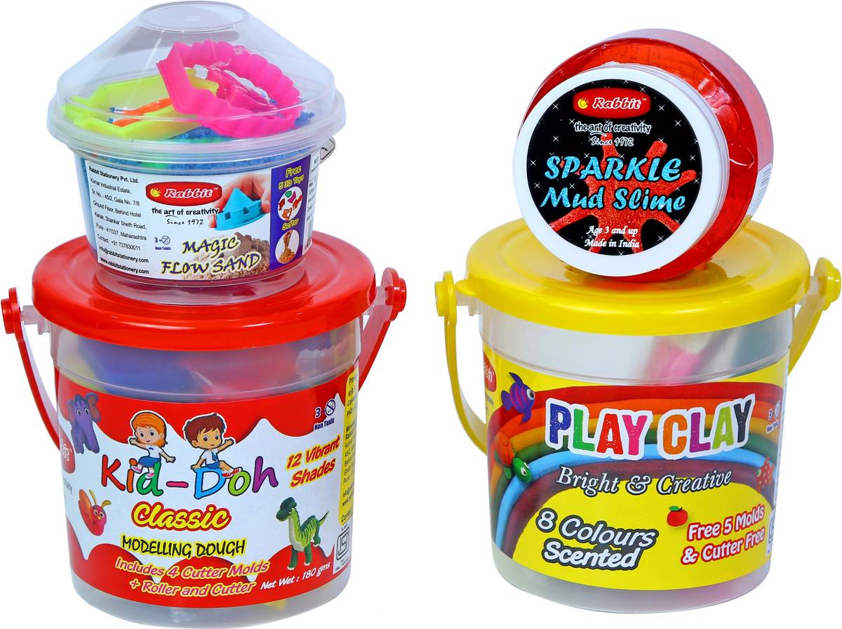 Rabbit Classic Bucket + Play Clay 8 Colors Bucket +Sparkle Mud Slime 100gm + Magic Flow Sand box 100gm +5 Play Sand toys Pack Of 4|Play Doh Clay|Slime for Kids|Play Sand for Kids|Play Dough Clay set for Kids|Play Sand set kids|Age 3+