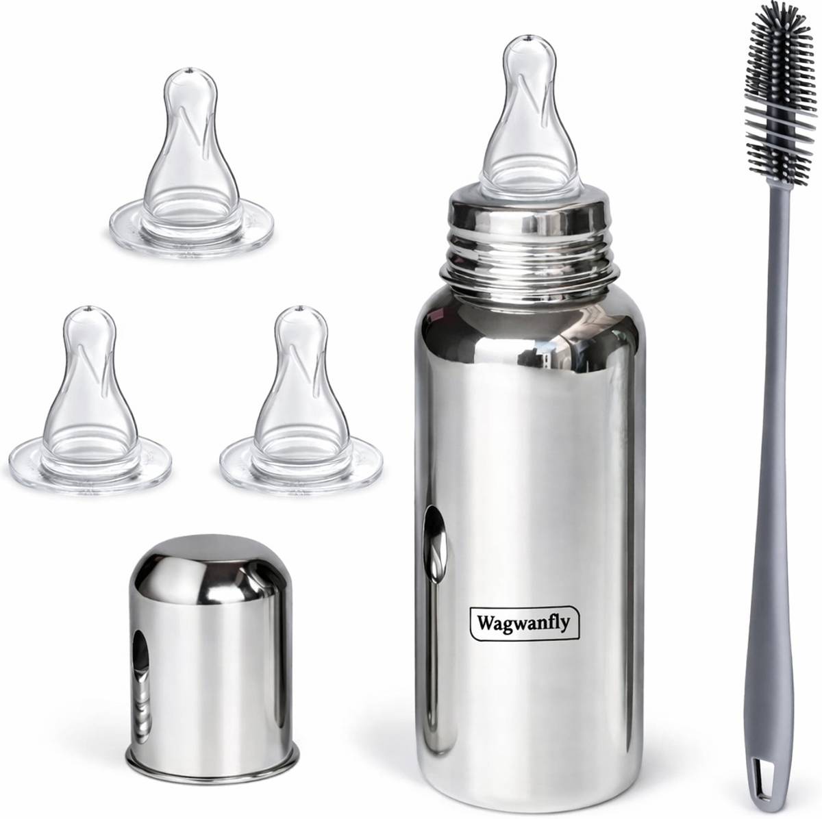Wagwanfly Steel Baby Feeding Bottle with Cleaning Brushes 1 Nipple Free - 240 ml