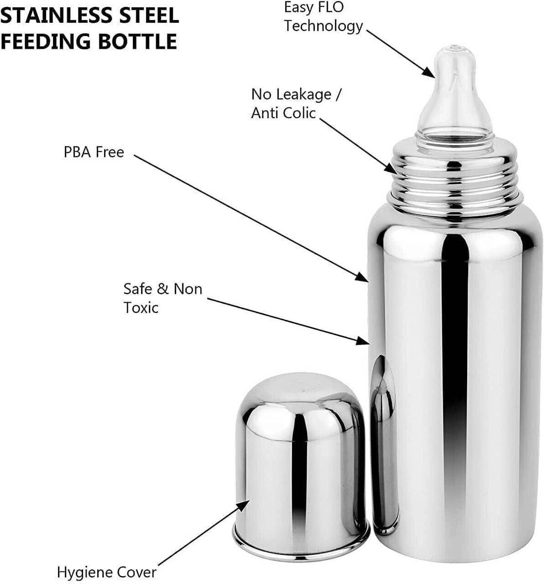 Wagwanfly Steel Baby Feeding Bottle with Cleaning Brushes 1 Nipple Free - 240 ml — photo 3