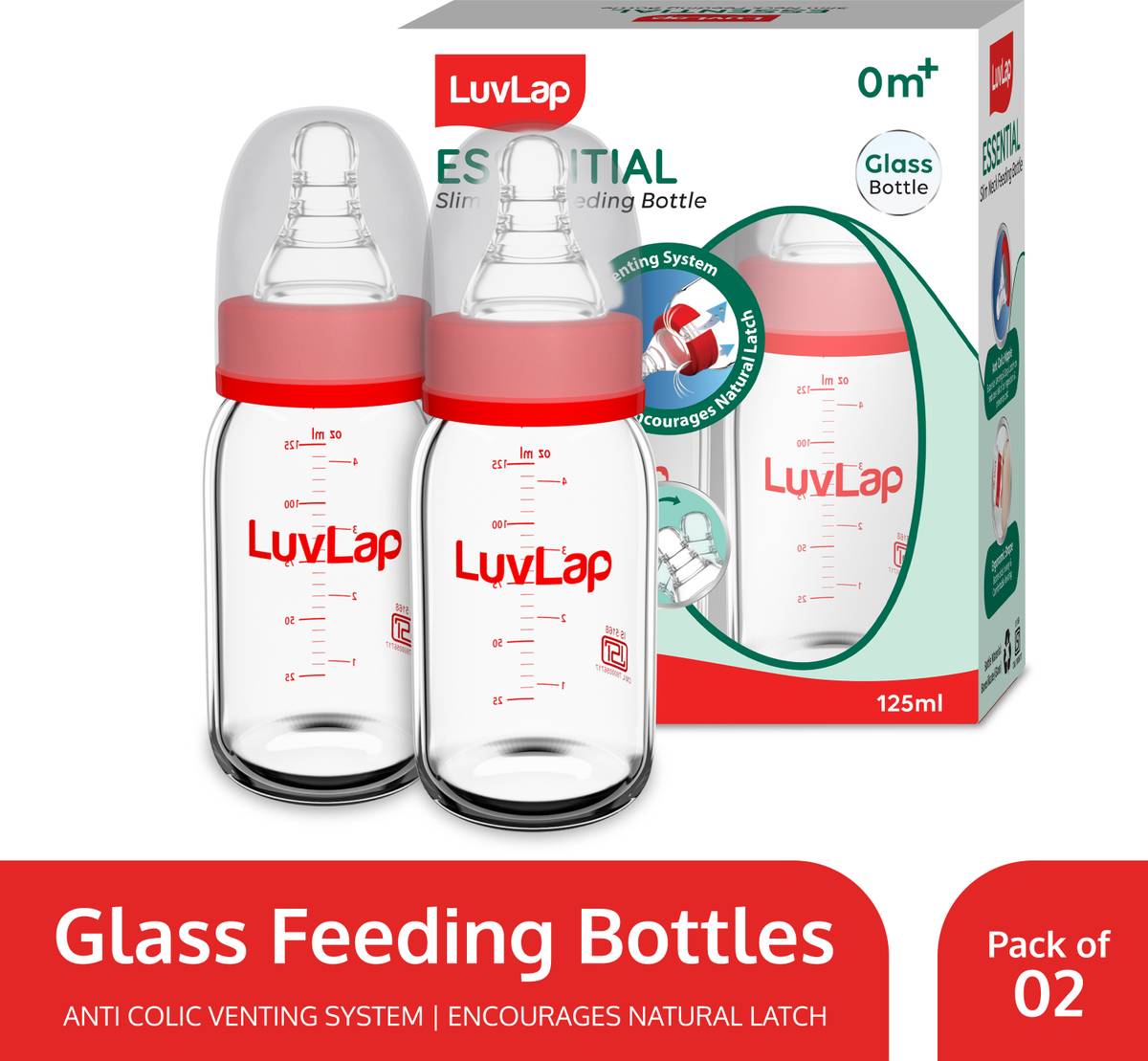 LuvLap Essential Slim Neck Glass Feeding Bottle, Newborns & Toddlers BPA Free Pack of 2 - 125 ml