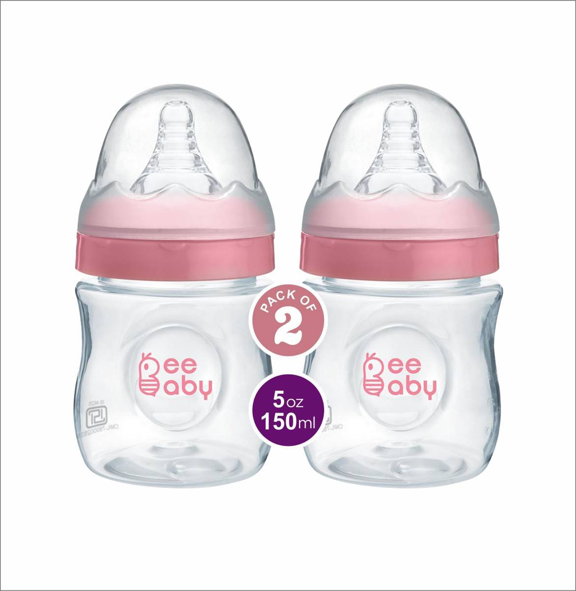 Beebaby Ease Wide Neck Baby Feeding Bottle with Anti-Colic Teat (Pink) (Pack of 2) - 150 ml