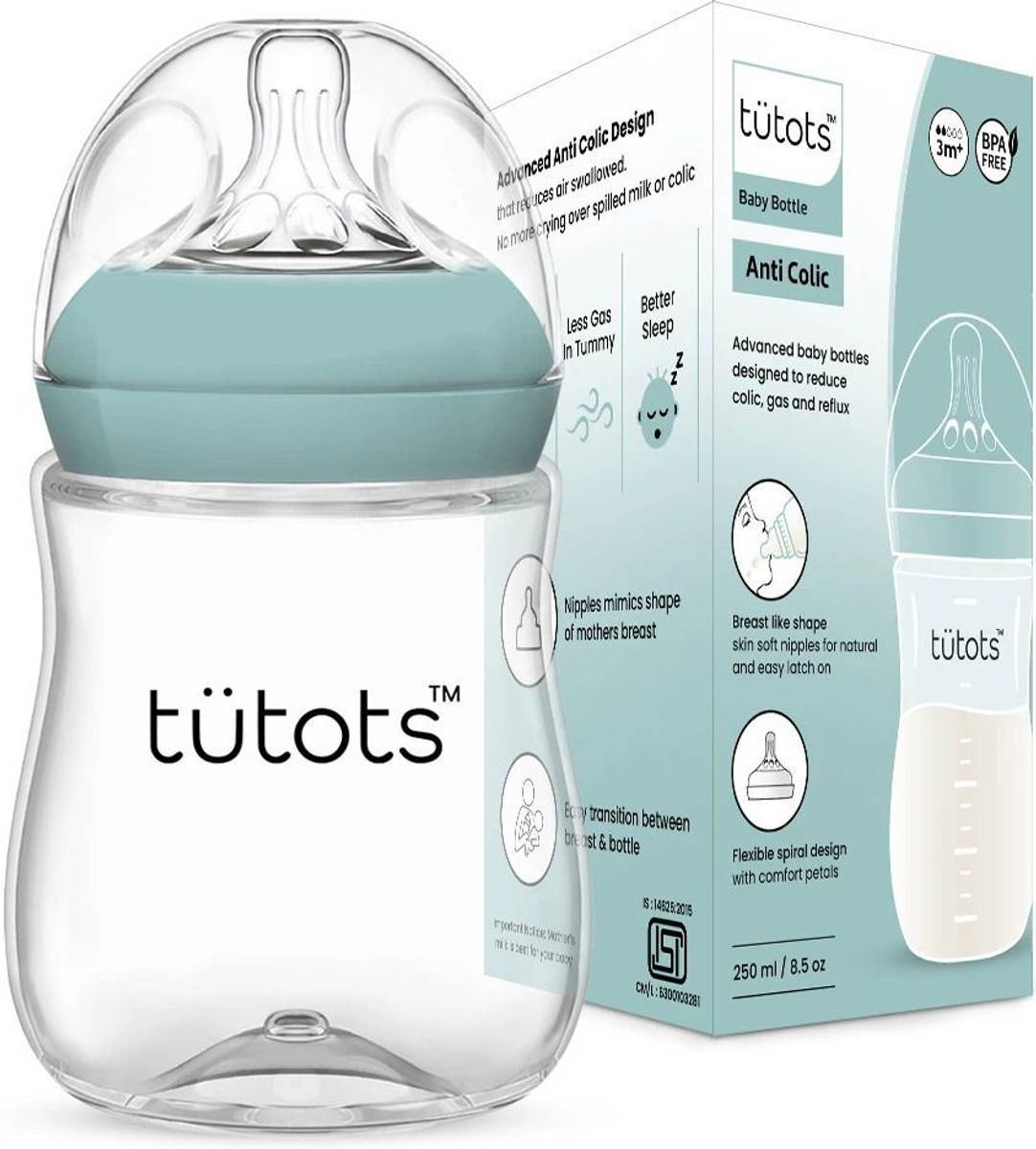 tütots Comfort Anti-Colic Wide Neck BPA Free Baby Feeding Bottle with Spiral Nipple - 250 ml