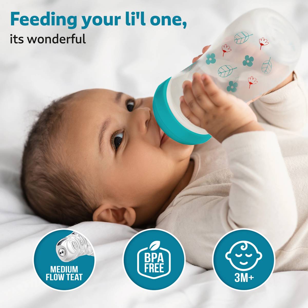 LuvLap Anti-Colic Slim Neck Essential Baby Feeding Bottle, Wild Flower Design - 250 ml — photo 3