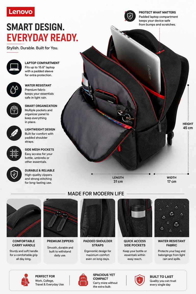Lenovo Travel / School /Collage / Office And Multipurpose Bag 16 L Trolley Laptop Backpack — photo 2