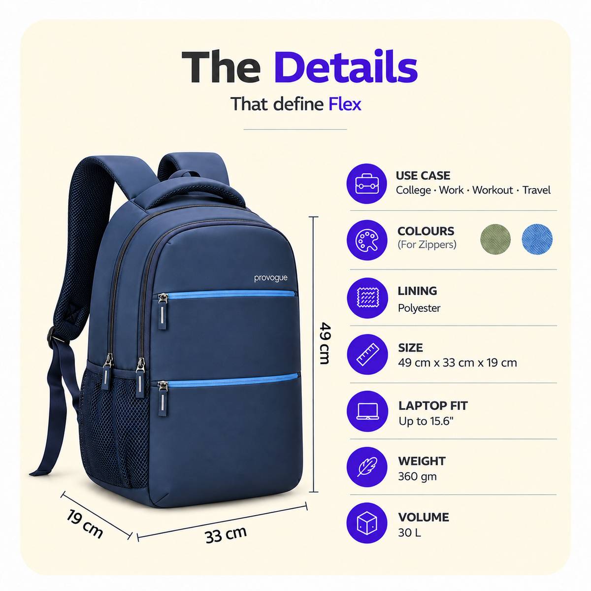 PROVOGUE FLEX 30L Laptop Backpack for College, Office, Work & Travel, Navy Blue 30 L Laptop Backpack — photo 3