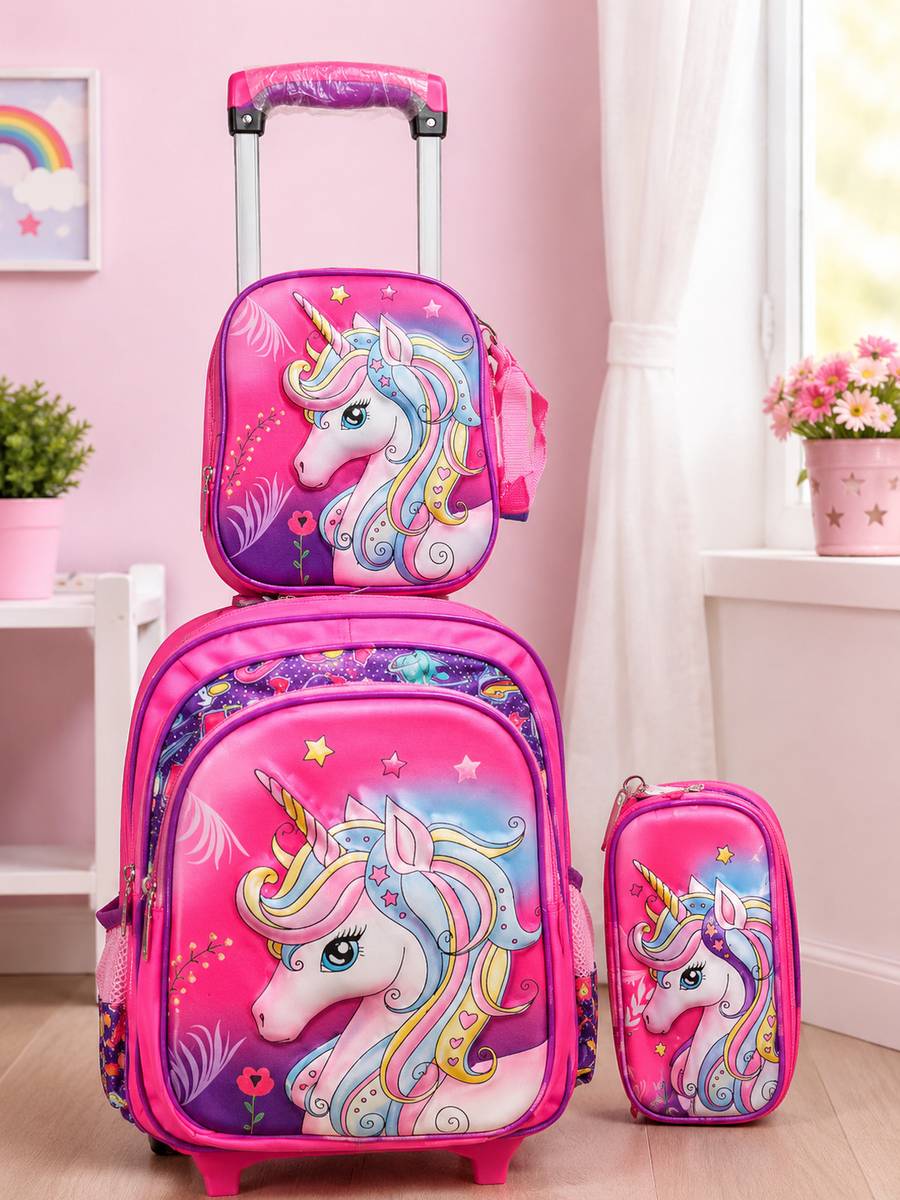 Kesari Nandan Kids Unicorn Trolley School Bag Set with Lunch Bag,Travel Backpack Waterproof School Bag