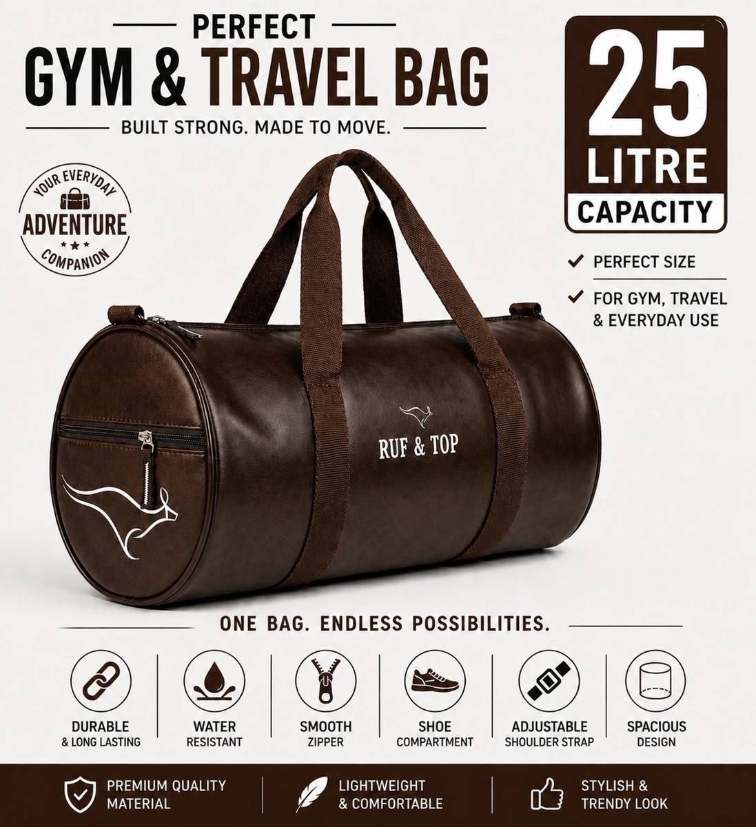 Brown Faux Leather Gym and Travel Duffle Bag for Men and Women Waterproof Weekender — photo 5