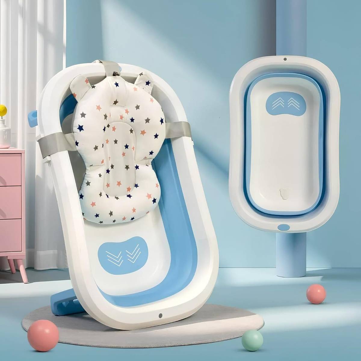 StarAndDaisy Foldable Infant Bath Tub with cushion, Newborn Toddler Bathing Support