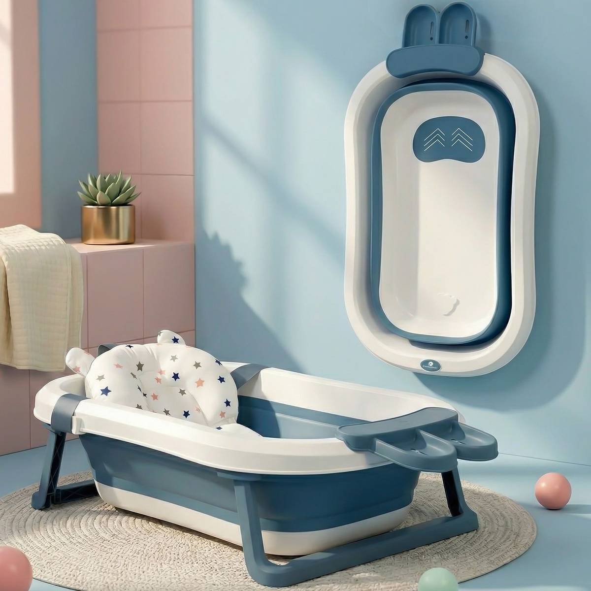 StarAndDaisy New Born Baby Folding Bathtub with Cushion & Shop Bar for 0 to 2 Years