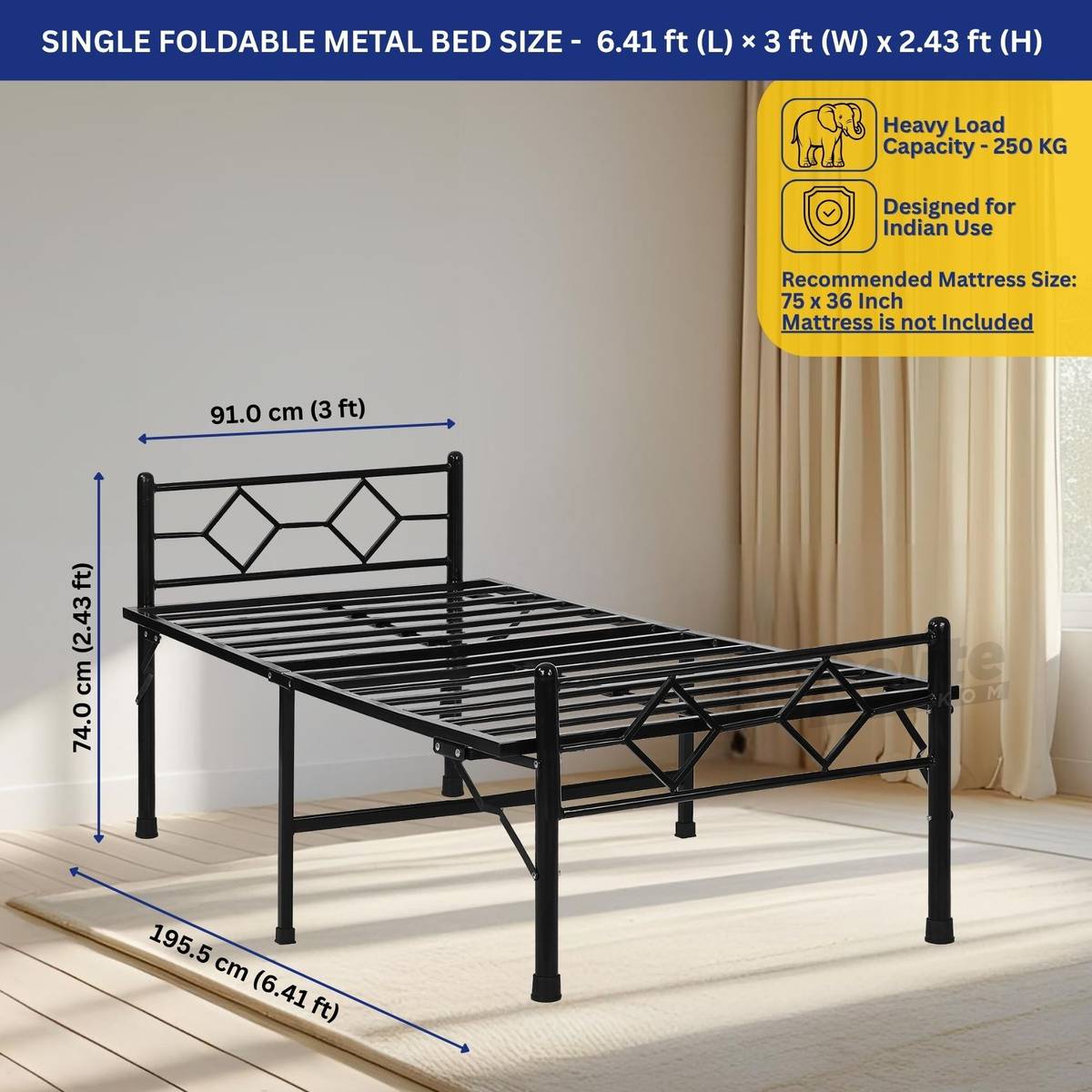 Delite Kom Dory Foldable Metal Single Bed (6.7x3ft) | No Install | 1 Year Warranty | Strong Metal Single Bed, 204.5 cm x 92 cm (6.71 ft x 3.02 ft) — photo 3
