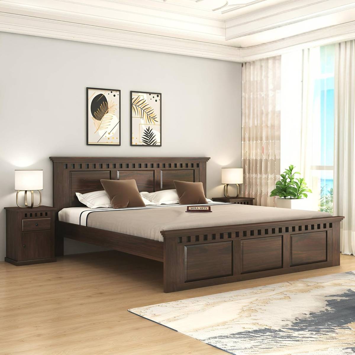 SONA ART & CRAFTS Kuber Sheesham Wood Queen Size Bed Without Storage Solid Wood Queen Bed, 208 cm x 160 cm (6.82 ft x 5.25 ft)