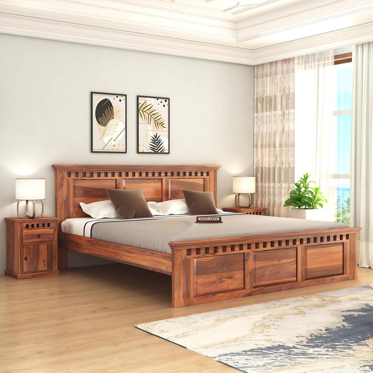 SONA ART & CRAFTS Kuber Sheesham Wood King Size Bed Without Storage Solid Wood King Bed, 208 cm x 190 cm (6.82 ft x 6.23 ft)