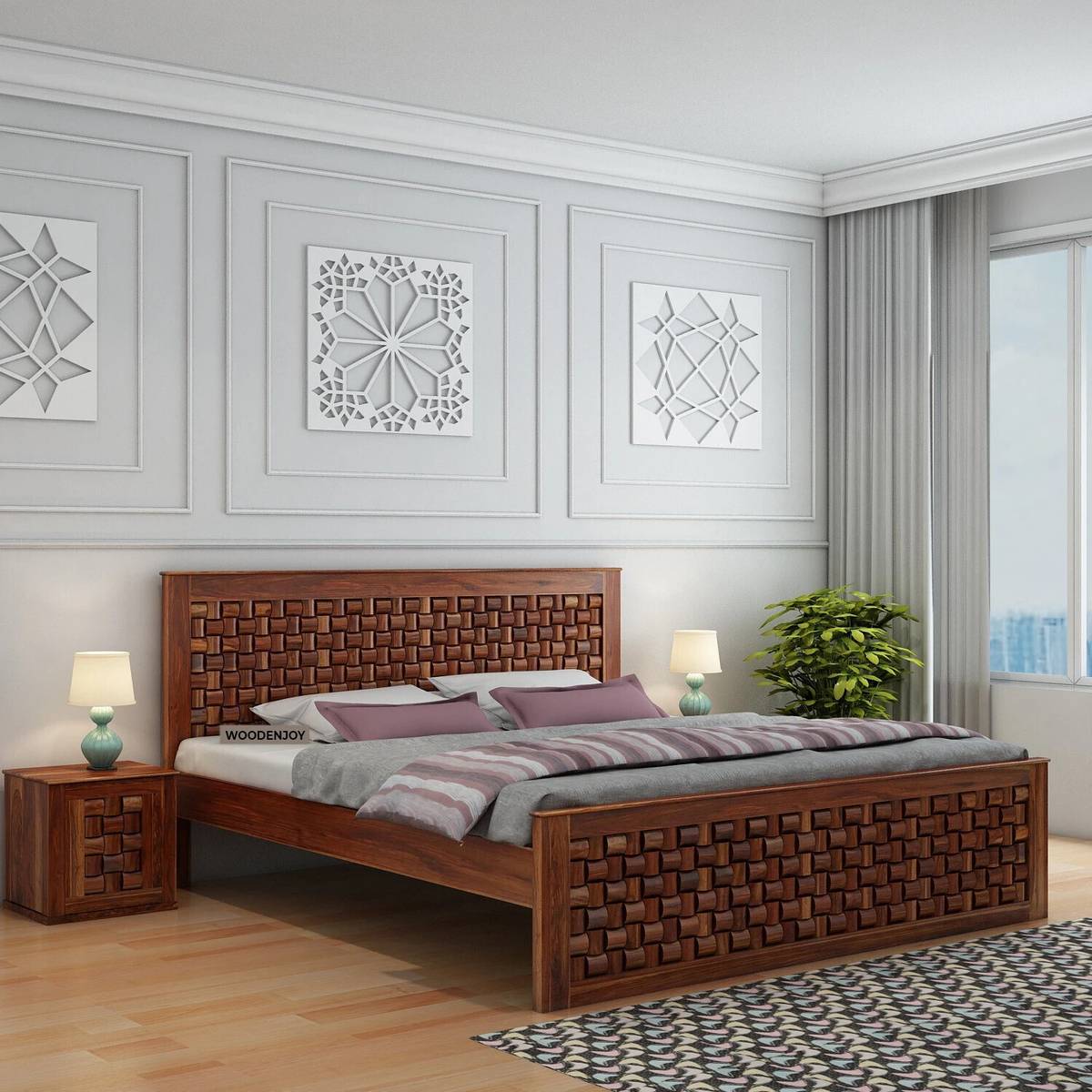 WOODENJOY Sheesham Wood Queen Bed/Wooden Cot/Wooden Bed Without Storage Bed For Bedroom Solid Wood Queen Bed, 208.28 cm x 158.75 cm (6.83 ft x 5.21 ft)