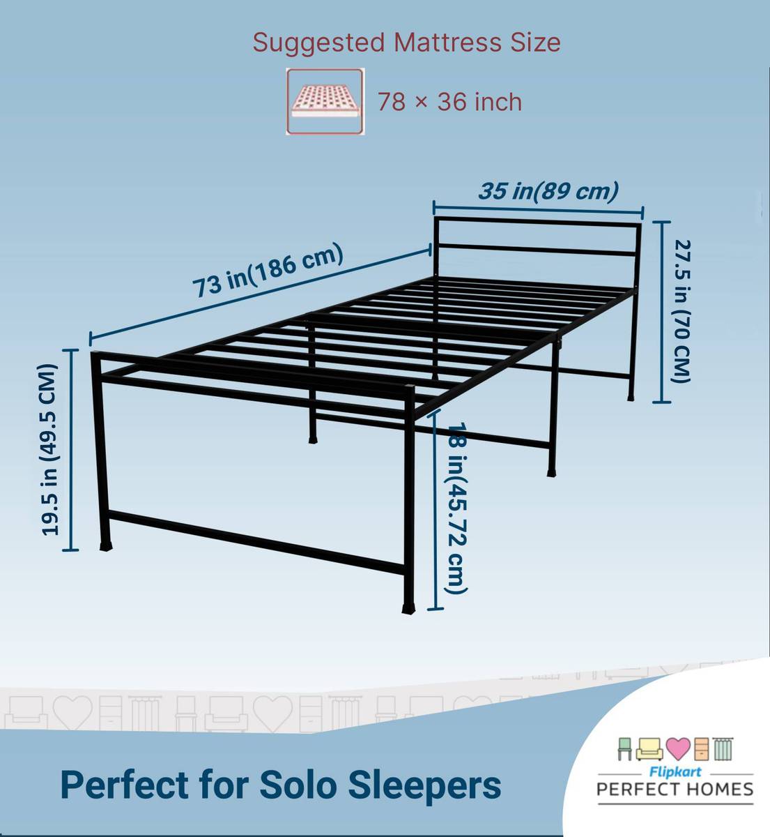Flipkart Perfect Homes Studio Metal Bed Frame Metal Single Bed, 186 cm x 89 cm (6.1 ft x 2.92 ft) — photo 3