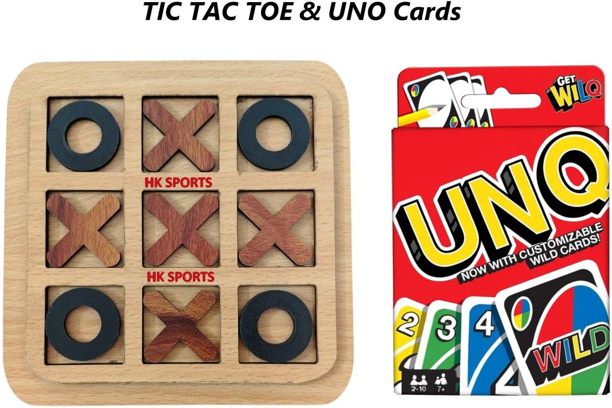 HK Sports Wooden Tic Tac Toe Game with UNO Cards
