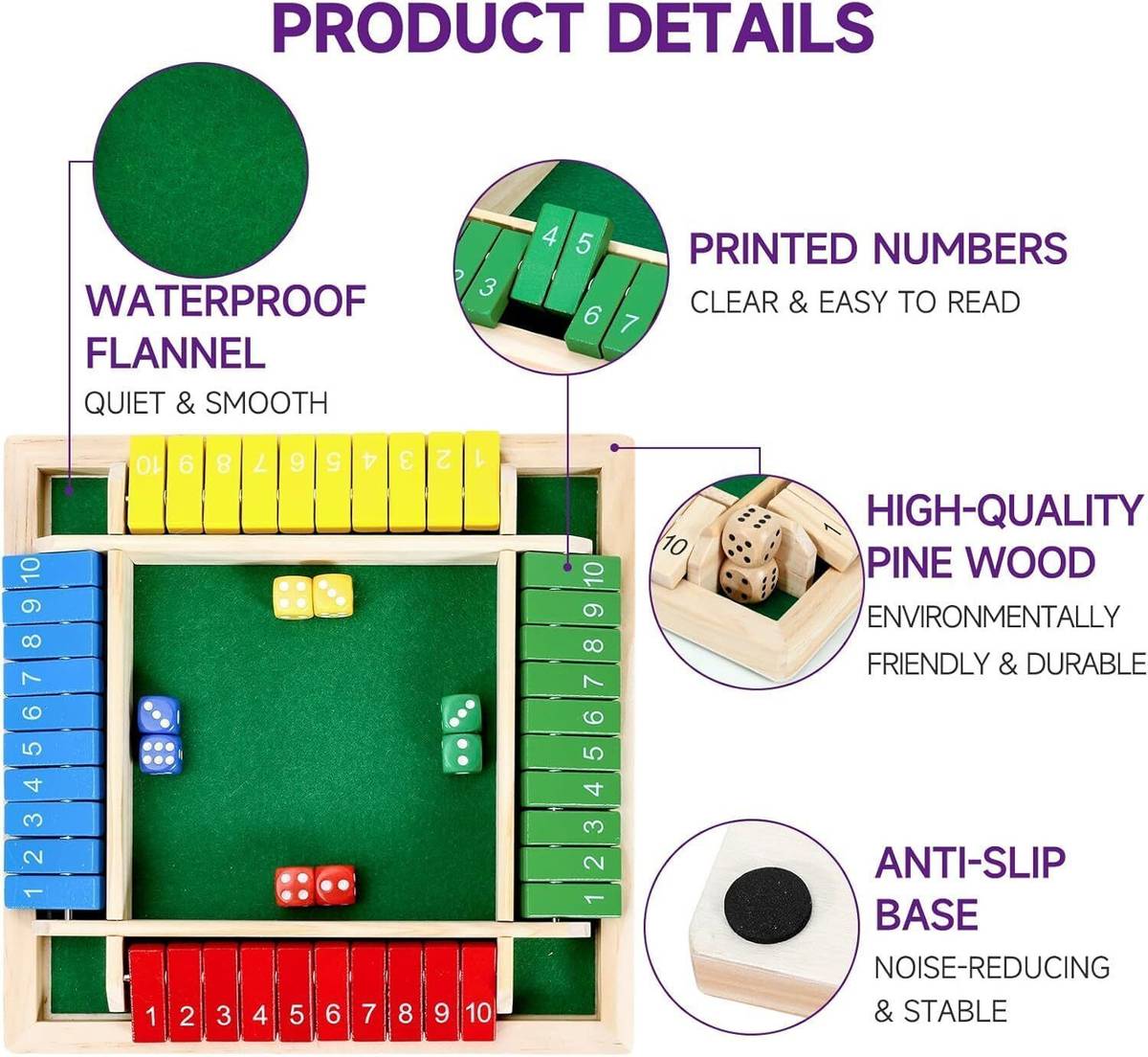 Little Mind Shut The Box Wooden Dice Game - 8 Dice, 2-4 Players Number strategy game — photo 3