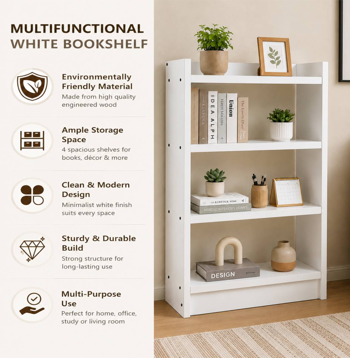 EW Bookshelf with 4 Shelves Multipurpose Storage Rack for Books & Accessories Engineered Wood Open Book Shelf — photo 5