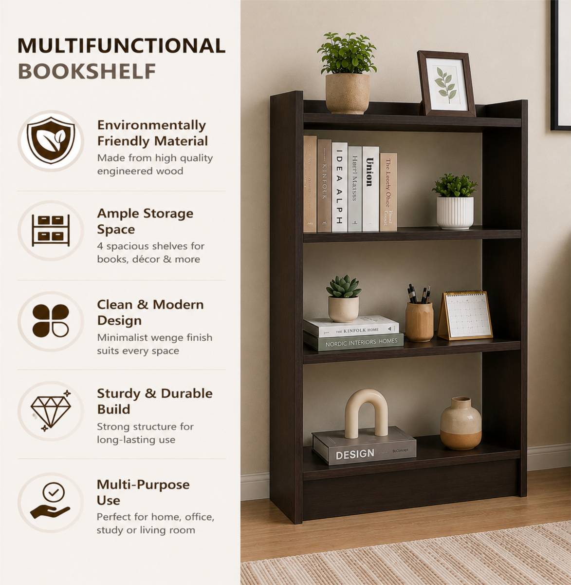 EW Wooden Large 4-Tier Open Bookshelf Rack Showcase Organizer for Living Study Room Engineered Wood Open Book Shelf — photo 5