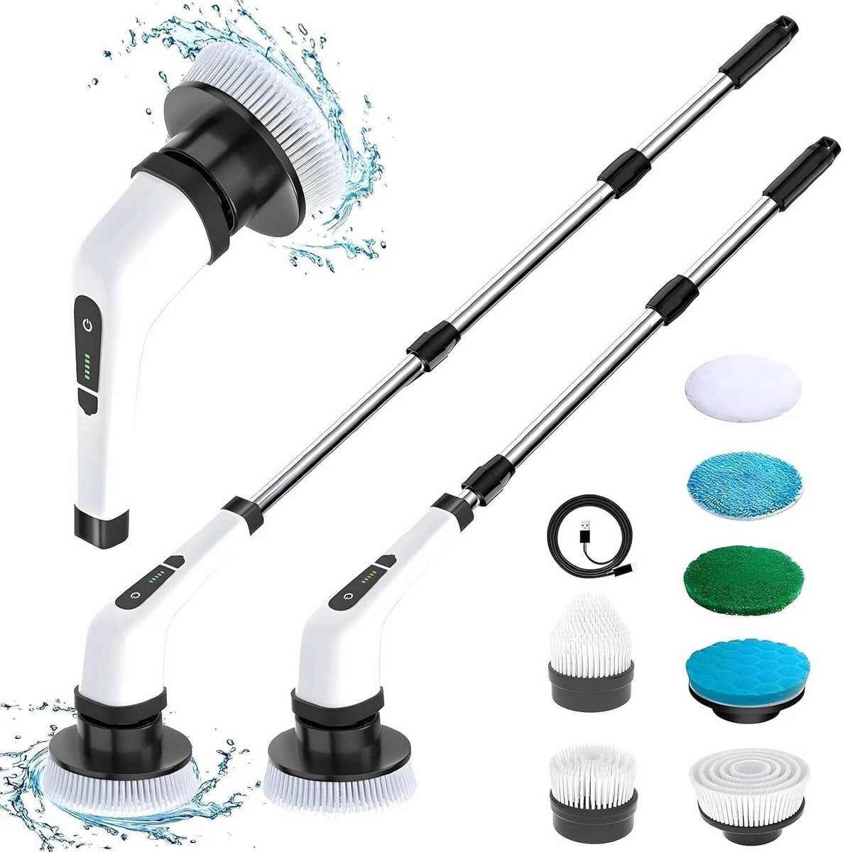 FLUDDER 9 in 1 Scrubber,Cordless Cleaning Brush with 8 Brush Heads, Tub and Floor Tile Sponge, Microfibre, Plastic Wet and Dry Brush