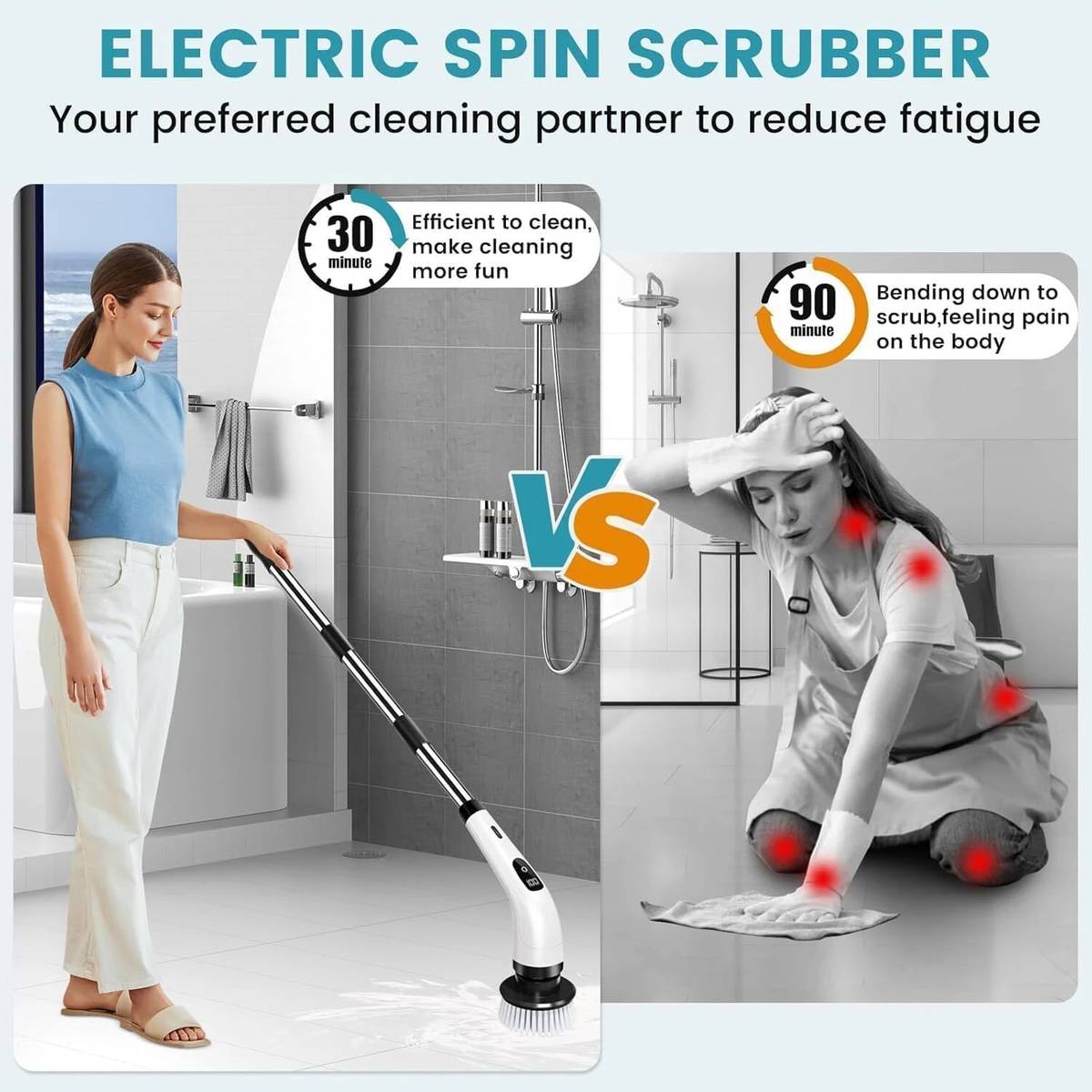 FLUDDER 9 in 1 Scrubber,Cordless Cleaning Brush with 8 Brush Heads, Tub and Floor Tile Sponge, Microfibre, Plastic Wet and Dry Brush — photo 3