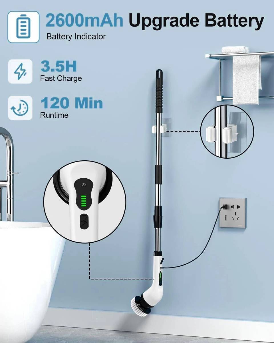 FLUDDER 9 in 1 Scrubber,Cordless Cleaning Brush with 8 Brush Heads, Tub and Floor Tile Sponge, Microfibre, Plastic Wet and Dry Brush — photo 4