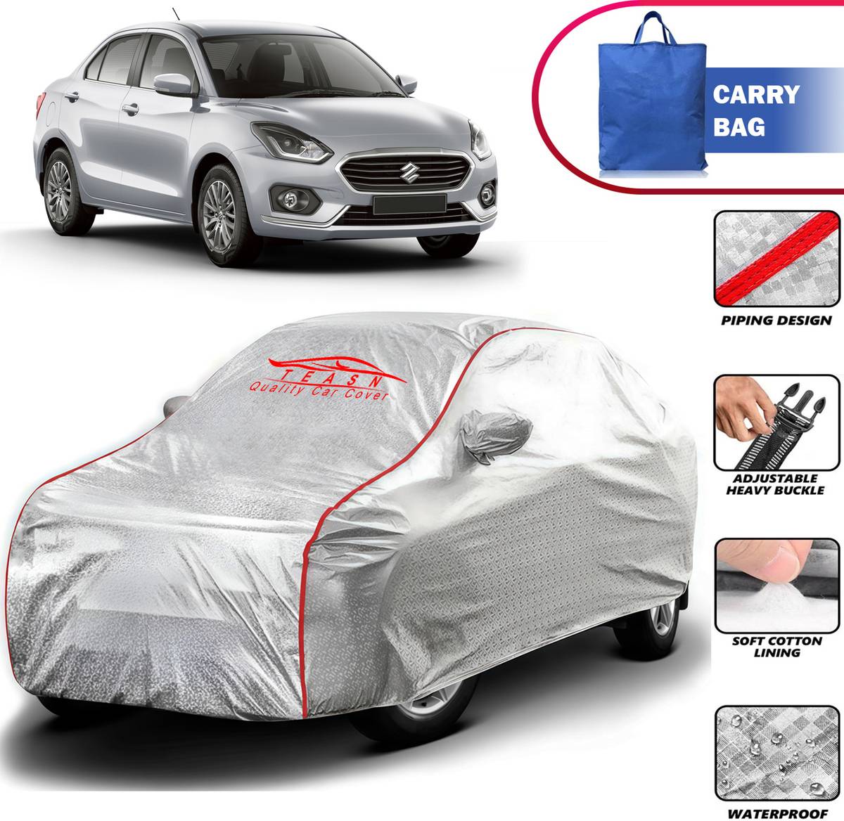 TEASN Car Cover For Maruti, Maruti Suzuki Dzire (With Mirror Pockets)