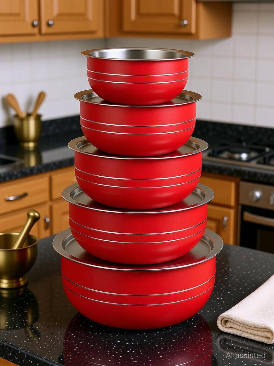 LIMETRO STEEL Set of 5 Handi Set (Red) / Urli Set / Steel Cookware Set Cookware Set