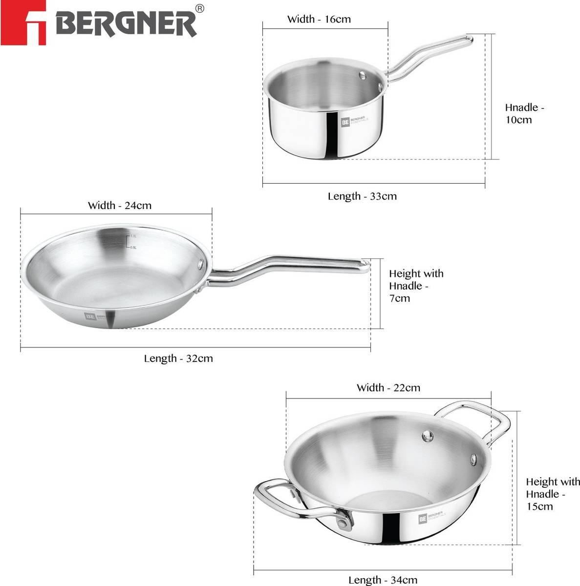 BERGNER BE Essentials Tripro Triply 3 Pcs of Kadai 24cm/3 L, Teapan 14cm, Frypan 22cm Induction Bottom Cookware Set — photo 3