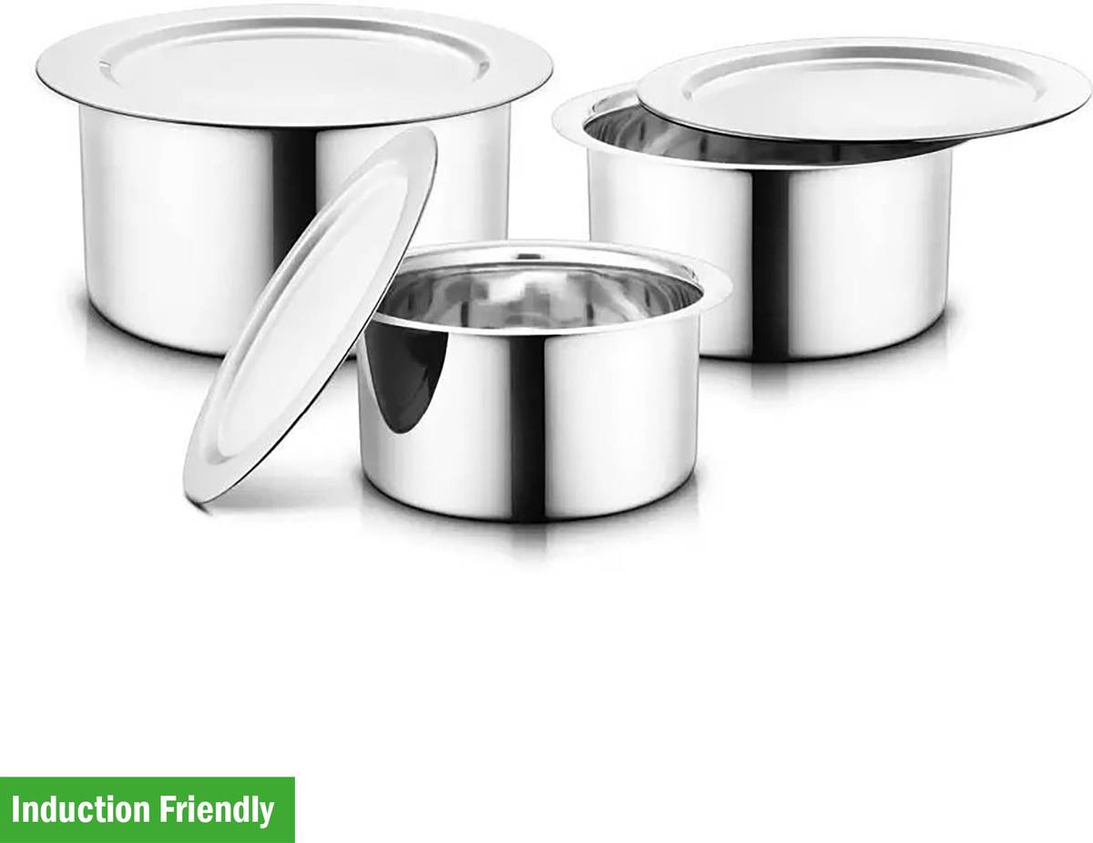 3 Stainless Steel Tope Set With Lid, Cookware Pot, Cooking Patila, Milk Tope Set Induction Bottom Cookware Set