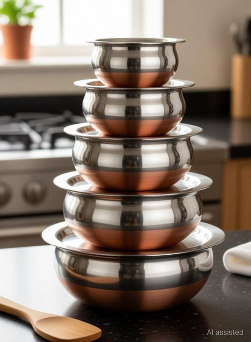 LIMETRO STEEL Stainless Steel 5 Pieces Copper Coated Handi Set with Lid/ Urli Set with Lid Cookware Set — photo 3