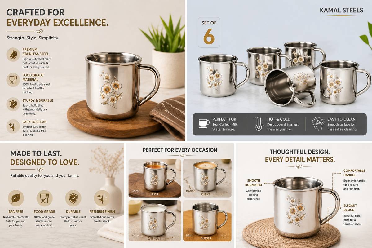 Pack of 6 Stainless Steel FLORAL CUP SET OF 6 — photo 2